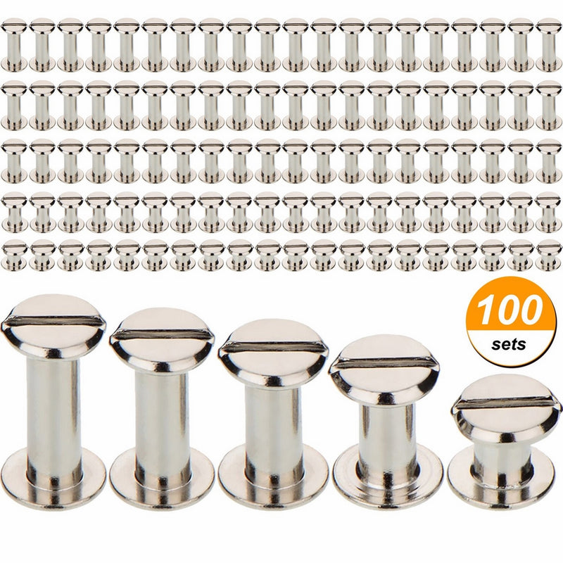 TecUnite 100 Pieces Silvery Chicago Screws Metal Screw Posts Nail Rivet Chicago Button for Leather Bookbinding Crafts, 1/4, 3/8, 1/2, 9/16 and 11/16 inches