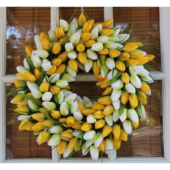 Yellow And White Tulip Spring Door Wreath 19 Inch- Stunning Silk Front Door Wreath For Spring And Summer Wreath Display, Extremely Full Design, Beautiful White Gift Box Included