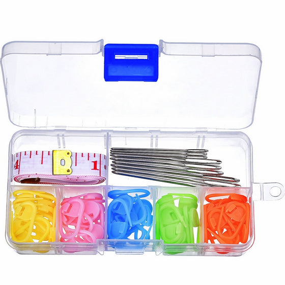 Willbond 9 Pieces Large Eye Blunt Sewing Needles with 60 Pieces Lock Markers and Cloth Tape Measure