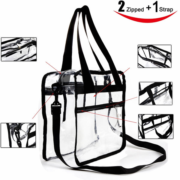 Youngever Clear Bag - 12 X 6 X 12 (inch) - Stadium Approved - Clear tote bag - Heavy Duty - Shoulder straps and zippered top - Both Inside and Outside Zipped
