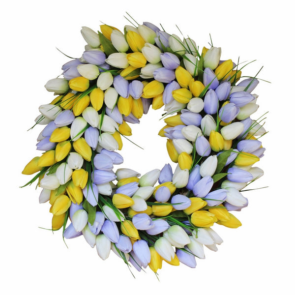 Yellow And Pale Lavender Tulip Front Door Wreath 19 Inch - Stunning Silk Front Door Wreath For Summer and Spring Wreath Display, Extremely Full Design, Beautiful White Gift Box Included