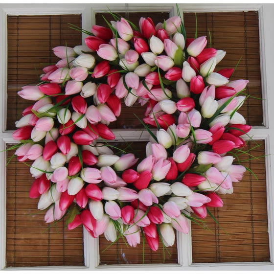 Pink And White Tulip Front Door Wreath 19 Inch - Stunning Silk Front Door Wreath For Spring And Summer Wreath Display, Extremely Full Design, Beautiful White Gift Box Included