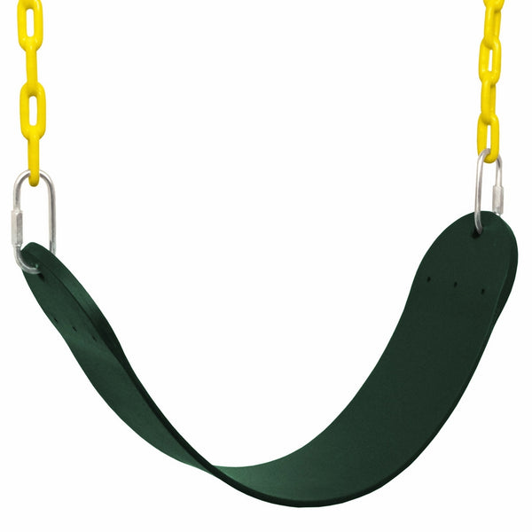 Tree Huggear- Playground Swing Seat- Heavy Duty Flexible Green Belt Seat with Yellow Plastic Coated Metal Chain- Fun Safe Swinging for Adults and Kids