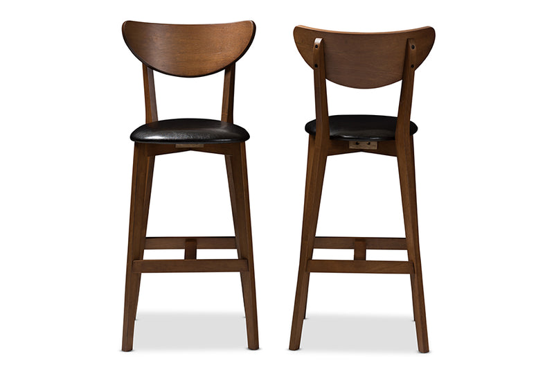Baxton Studio Eline Mid-Century Modern Black Faux Leather Upholstered Walnut Finished Bar Stool (Set of 2)