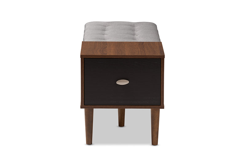 Baxton Studio Merrick Mid-century Retro Modern 1-drawer 2-tone Oak and Dark Brown Wood Entryway Storage Grey Fabric Cushioned Bench Shoe Rack Cabinet Organizer