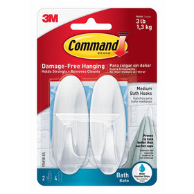 Command Designer Bath Hooks, Medium, White, 2-Hooks with Water-Resistant Strips (17081B-ES)