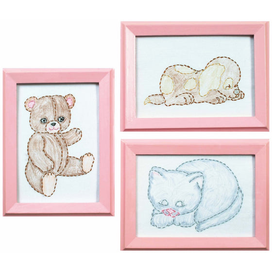 Stamped Embroidery Kit Beginner Samplers 6"X8" 3/Pkg-Huggable Animals