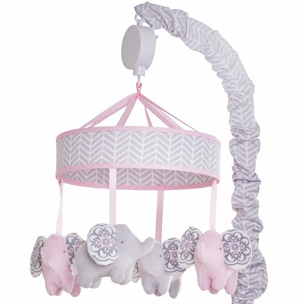 Wendy Bellissimo Baby Mobile Crib Mobile Musical Mobile - Elephant Mobile from the Elodie Collection in Pink and Grey