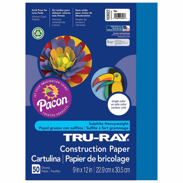 Pacon Tru-Ray Construction Paper, 9-Inches by 12-Inches, 50-Count, Blue (103022)