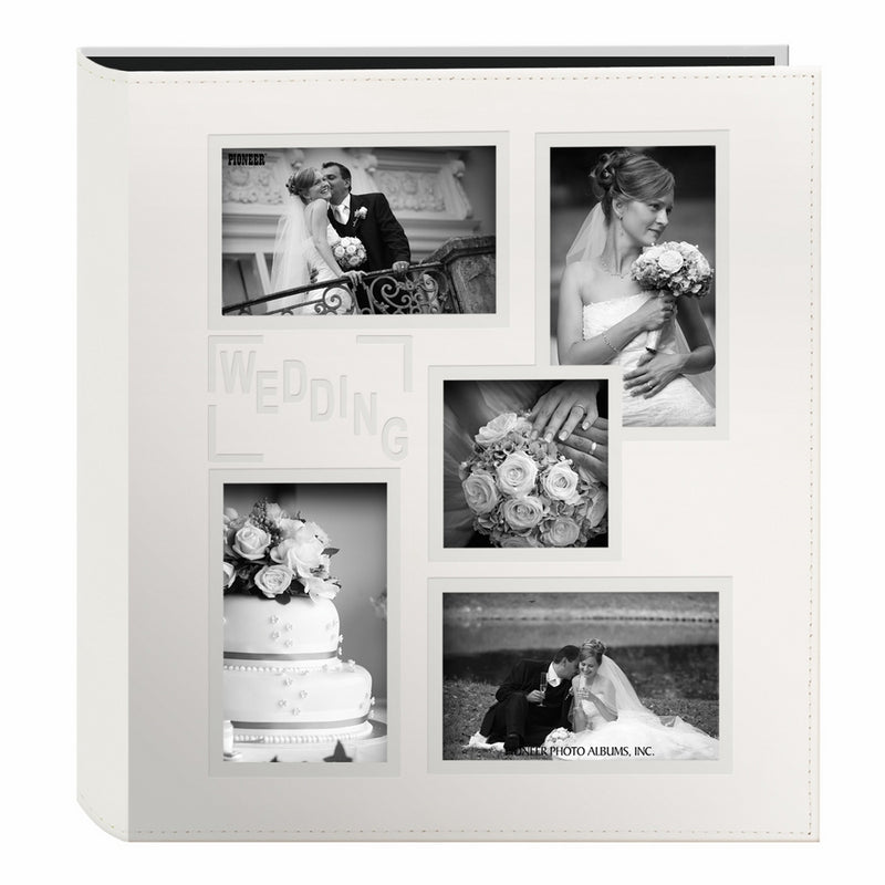 Pioneer Collage Frame Embossed "Wedding" Sewn Leatherette Cover Photo Album, Ivory