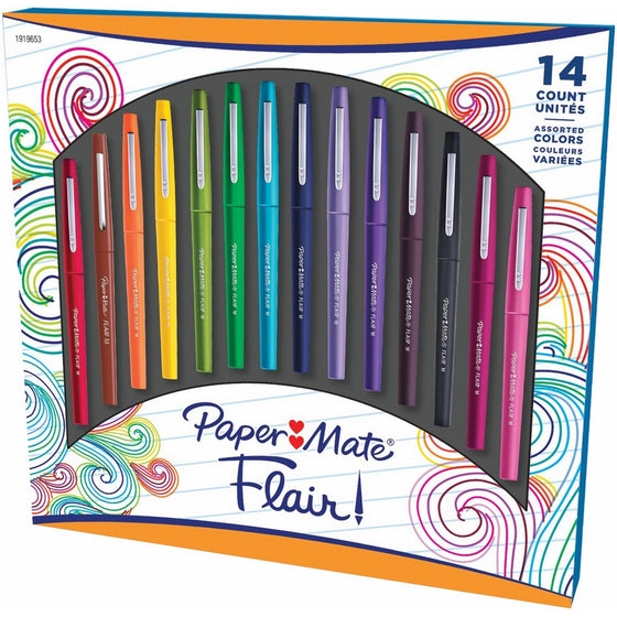 Paper Mate Flair Felt Tip Pens, Medium Point (0.7mm), Assorted Colors, 14 Count