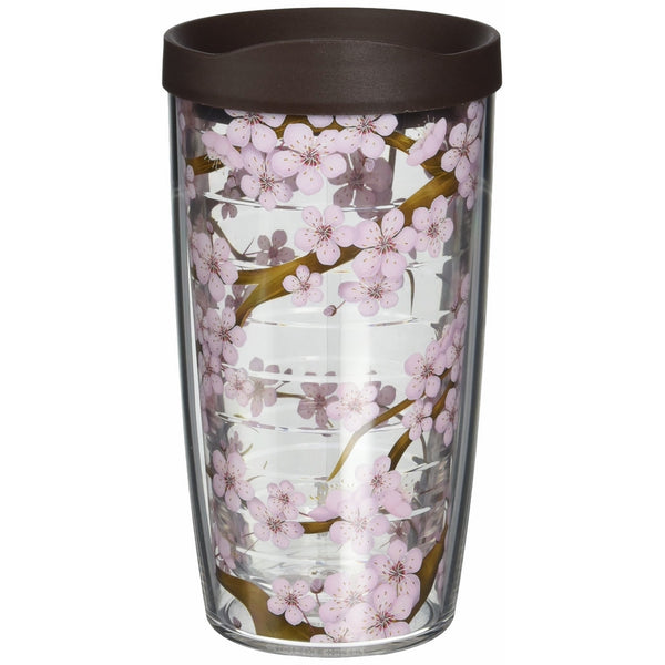 Tervis 1041201 Cherry Blossom Tumbler with Wrap and Brown Lid 16oz, Clear