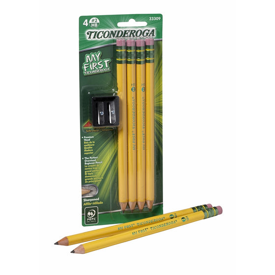 My First Ticonderoga Primary Size #2 Beginner Pencils, Pre-Sharpened, 4 Pencils with Bonus Sharpener, Yellow (33309)