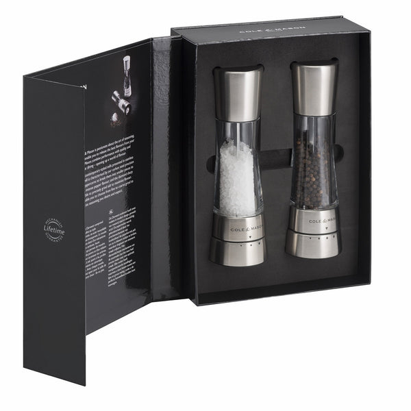 COLE & MASON Derwent Salt and Pepper Grinder Set - Stainless Steel Mills Include Gift Box, Gourmet Precision Mechanisms and Premium Sea Salt and Peppercorns