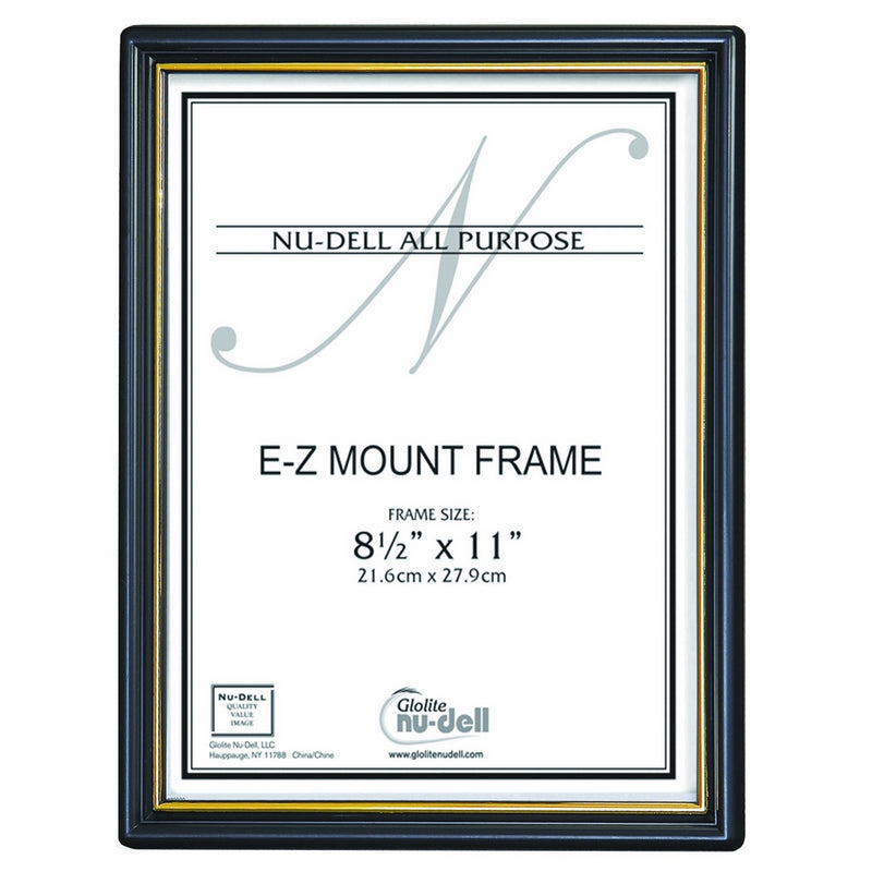 NuDell 8.5" x 11" EZ Mount Economy Document Frame Plastic Face, Black with Gold Trim