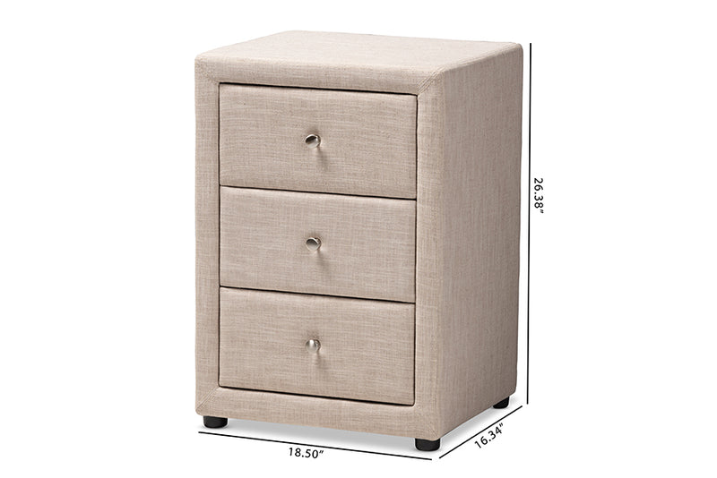 Baxton Studio Tessa Modern and Contemporary Beige Fabric Upholstered 3-Drawer Nightstand