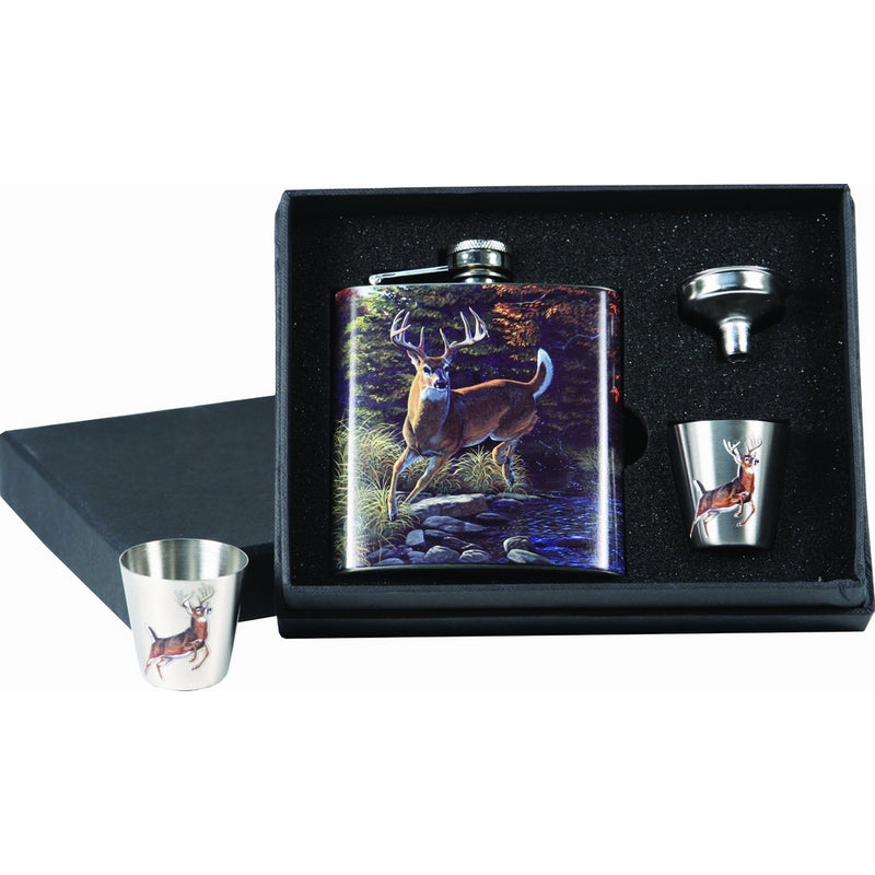 River's Edge Deer Design Stainless Steel Flask with Loading Funnel and Shot Glass