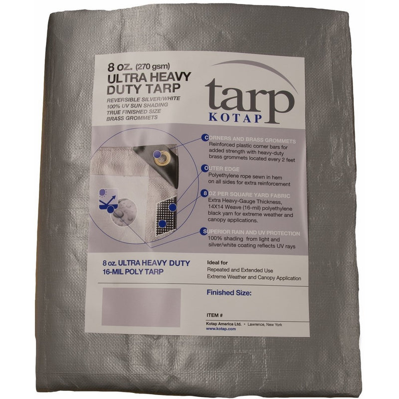Kotap TUH-0608 Finished Size Ultra Heavy-Duty 8 oz/16-mil Poly Tarp, 6' x 8', Reversible Silver/White