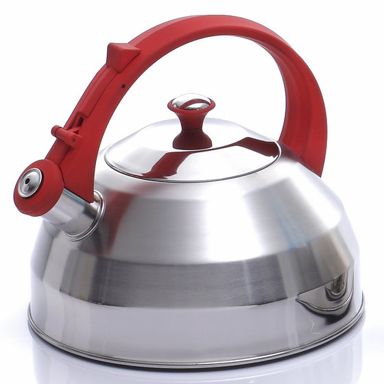 Creative Home Steppes Stainless Steel Whistling Tea Kettle with Red Handle and Knob
