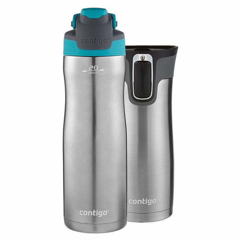 Contigo AUTOSEAL Chill Water Bottle, 20 oz, SS/Scuba & AUTOSEAL West Loop Travel Mug, 16 oz, 2-Pack