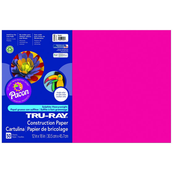 Pacon Tru-Ray Construction Paper, 12-Inches by 18-Inches, 50-Count, Scarlet (103040)