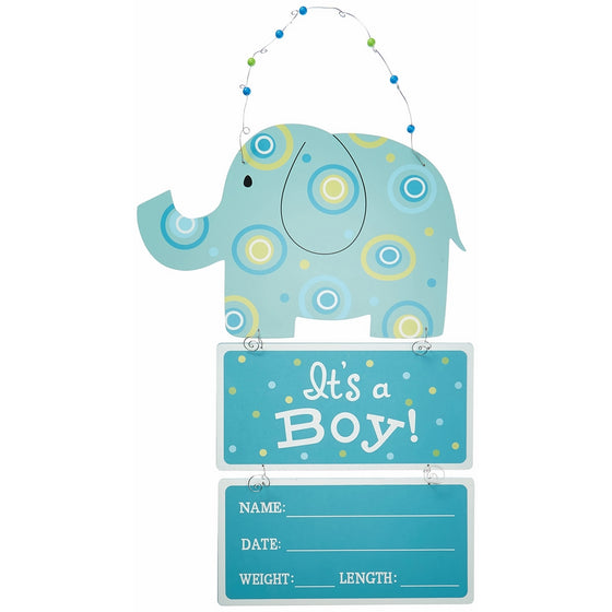 Elephant Wooden Wall Hanging Blue "It's a Boy!" with Birth Statistics