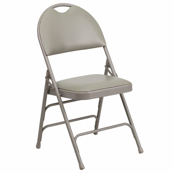 Flash Furniture HERCULES Series Ultra-Premium Triple Braced Gray Vinyl Metal Folding Chair with Easy-Carry Handle