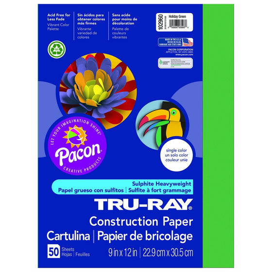 Pacon Tru-Ray Construction Paper, 9-Inches by 12-Inches, 50-Count, Holiday Green (102960)