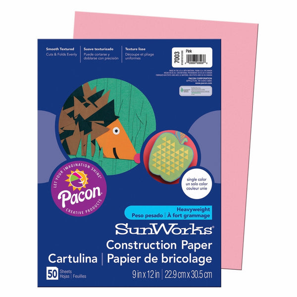Pacon SunWorks Construction Paper, 9-Inches by 12-Inches, 50-Count, Pink (7003)