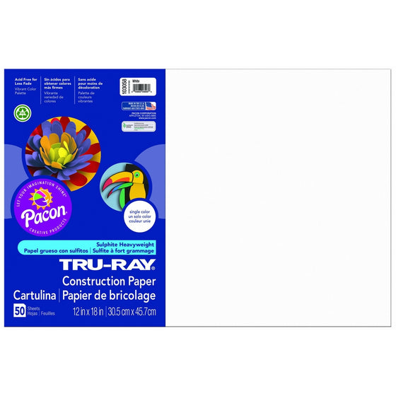 Pacon Tru-Ray Construction Paper, 12-Inches by 18-Inches, 50-Count, White (103058)