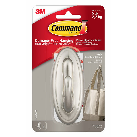 Command Traditional Plastic Hook, Large, Brushed Nickel, 1-Hook (17053BN-ES)