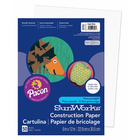 Pacon SunWorks Construction Paper, 9-Inches by 12-Inches, 50-Count, Bright White (8703)