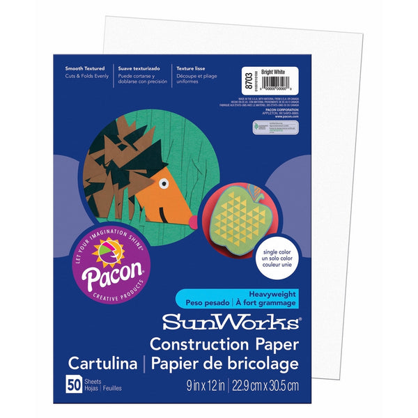 Pacon SunWorks Construction Paper, 9-Inches by 12-Inches, 50-Count, Bright White (8703)