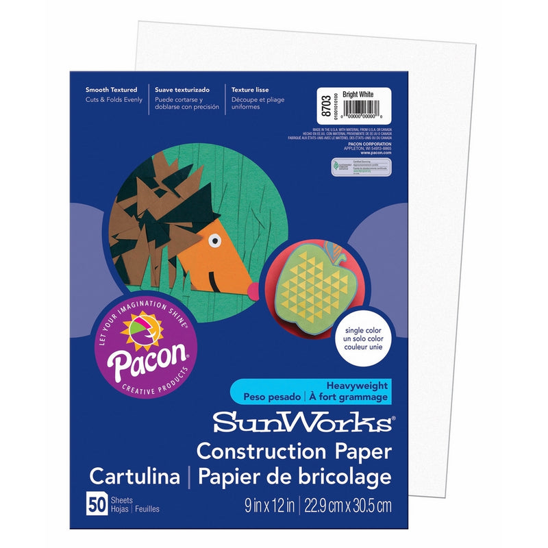 Pacon SunWorks Construction Paper, 9-Inches by 12-Inches, 50-Count, Bright White (8703)