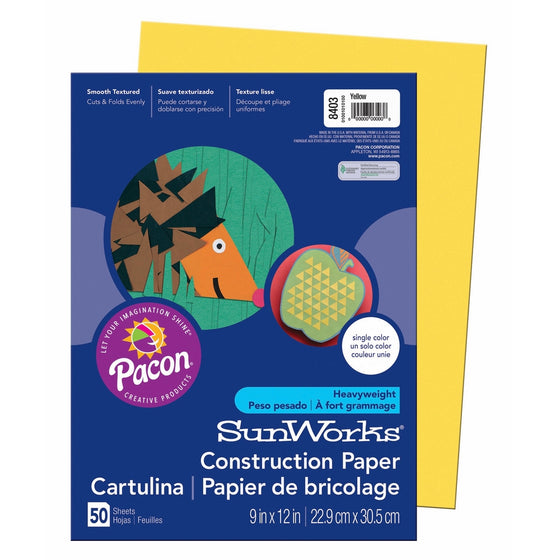 Pacon SunWorks Construction Paper, 9-Inches by 12-Inches, 50-Count, Yellow (8403)