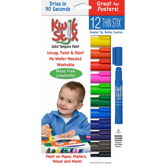 Pencil Grip Kwikstix Thin Stix Solid Tempera Paint, Super Quick Drying, 12 Classic Colors (TPG-608) Paint