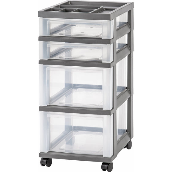 IRIS 4-Drawer Rolling Storage Cart with Organizer Top, Gray