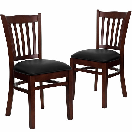 Flash Furniture 2 Pk. HERCULES Series Vertical Slat Back Mahogany Wood Restaurant Chair - Black Vinyl Seat