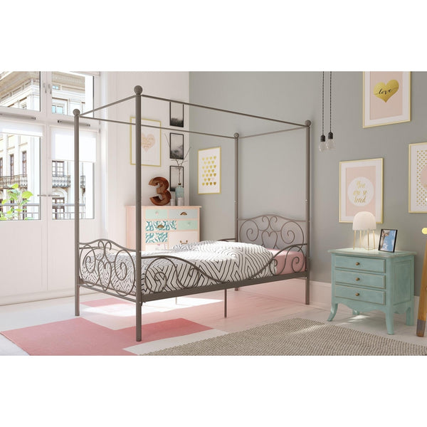 DHP Canopy Bed with Sturdy Bed Frame, Metal, Twin Size - Pewter