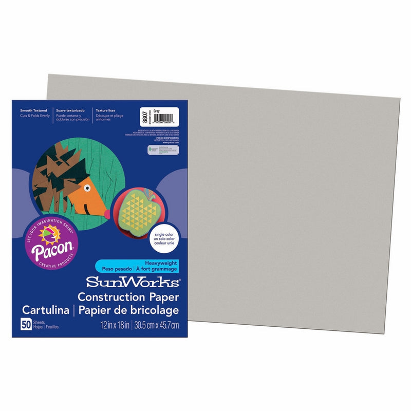 Pacon PAC8807 SunWorks Construction Paper, 12" x 18", Gray, 50 Sheets