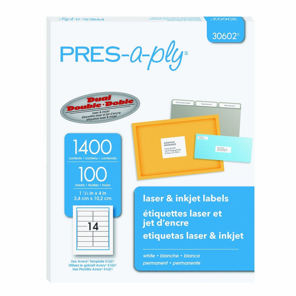 Pres-a-ply Laser Address Labels, 1.33 x 4 Inches, White, Box of 1400 (30602)