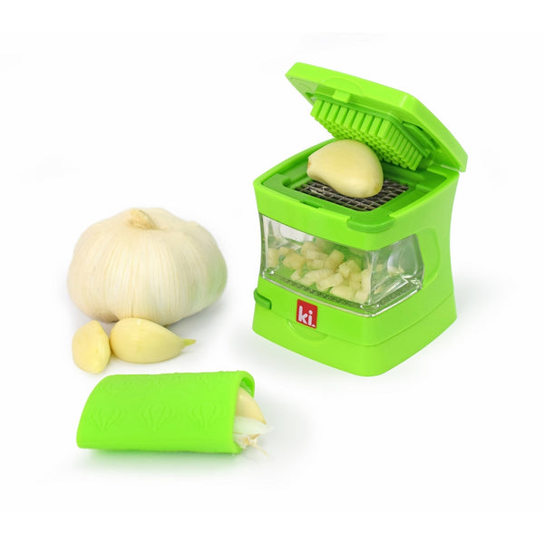 Kitchen Innovations Garlic-A-Peel Garlic Press, Crusher, Mincer, and Storage Container - Includes Silicone Garlic Peeler - Easy to Clean - Stainless Steel Blades – Green