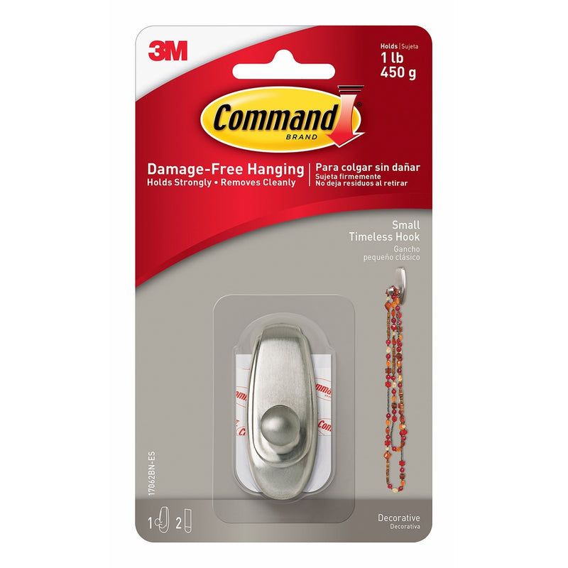 Command Timeless Hook, Small, Brushed Nickel, 1-Hook (17062BN-ES)