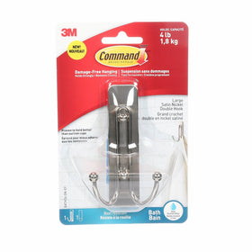 Command Large Double Bath Hook, Satin Nickel, 1-Hook, 1-Large Water-Resistant Strip