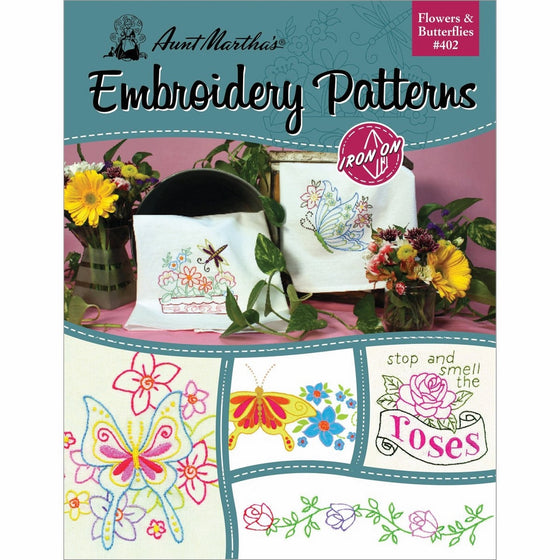 Aunt Martha's 402 Flowers and Butterflies Embroidery Transfer Pattern Book, Over 25 Iron On Patterns