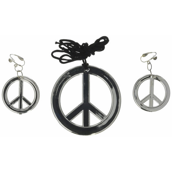 Forum Novelties Hippie Peace Sign Necklace and Earrings, One-Size, Silver (Clip On)