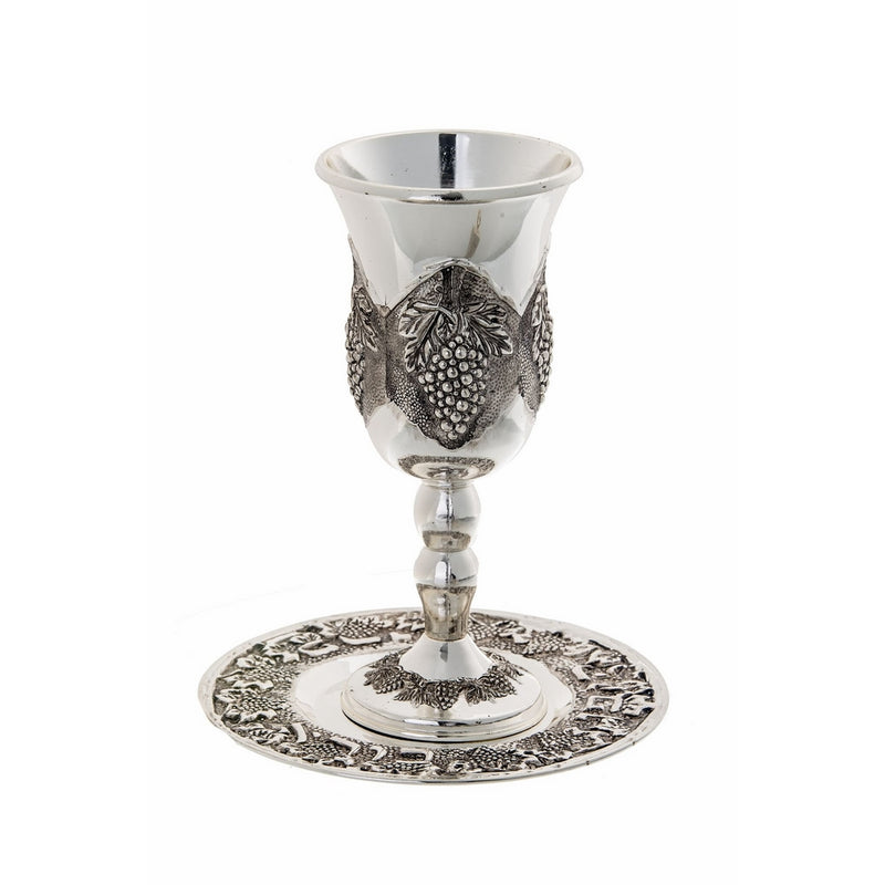 Magnificent Silver Plated Kiddush Cup on Base, Grape Design, with Matching Tray