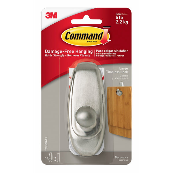 Command Timeless Hook, Large, Brushed Nickel, 1-Hook (17063BN-ES)