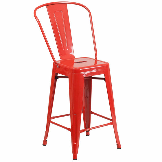 Flash Furniture 24'' High Red Metal Indoor-Outdoor Counter Height Stool with Back