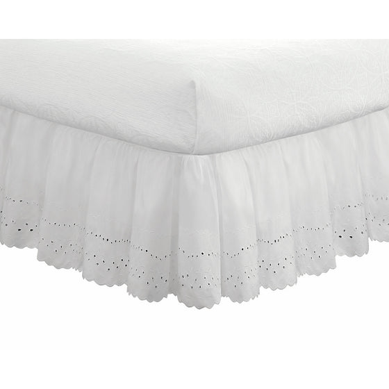 Eyelet Ruffled Bedskirt – Ruffled Bedding with Gathered Styling –14” Drop, Queen, White